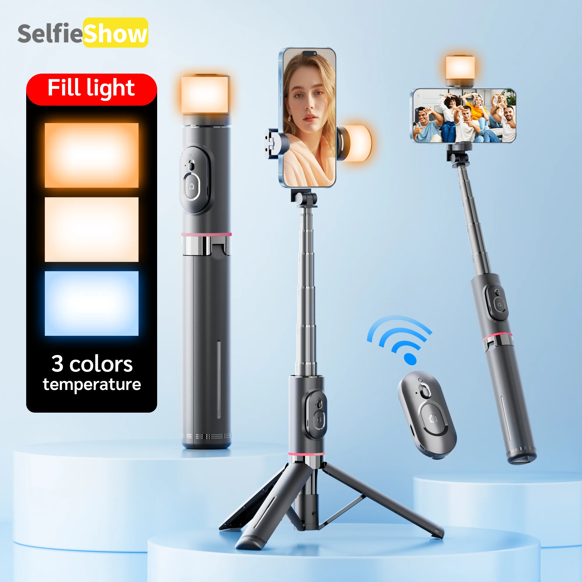 

Selfieshow Q12sWireless Bluetooth Phone Telescopic Fill Light Tripod Selfie Stick Stabilizer for Huawei iPhone 13 Android Xiaomi