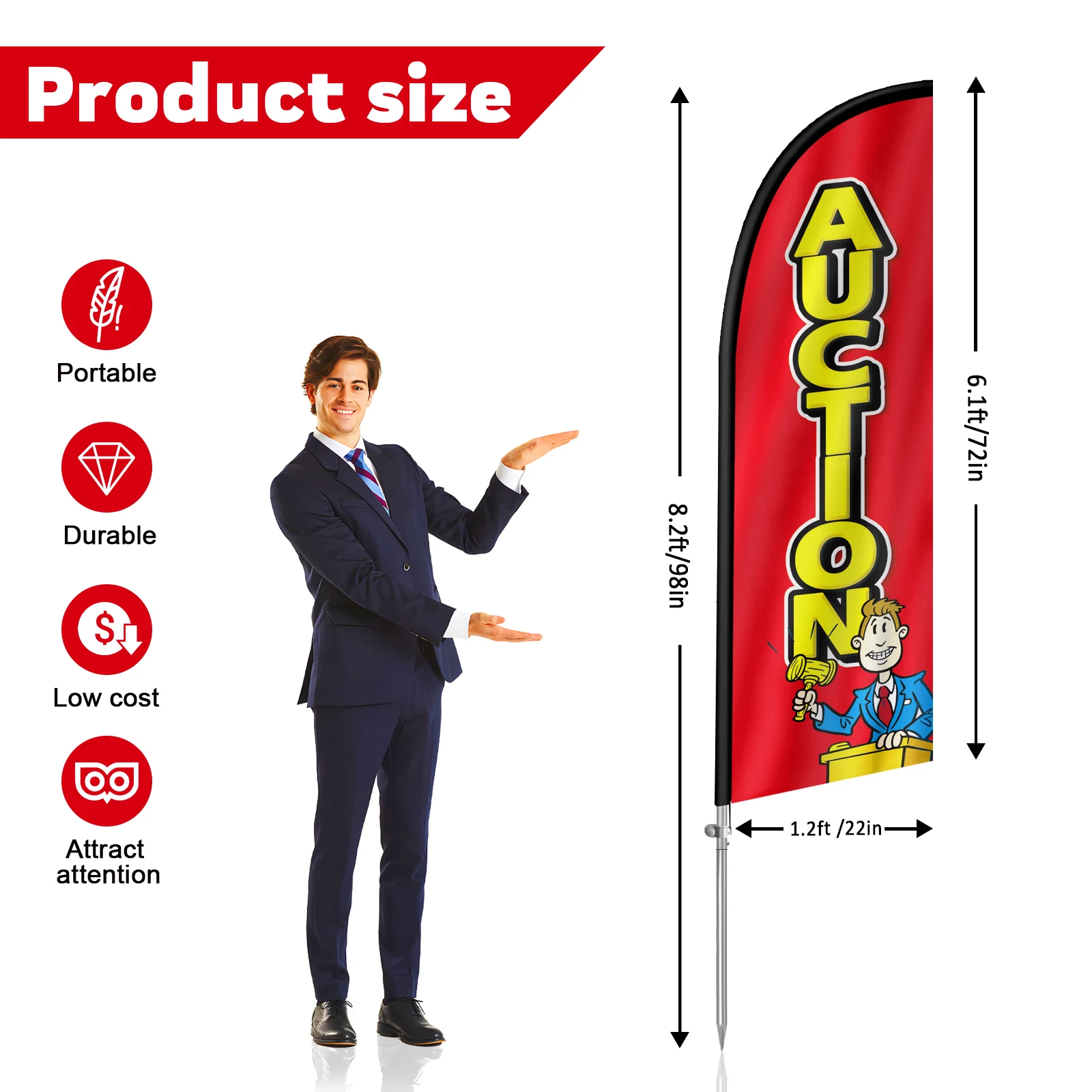 FSFLAG-The Auction Feather Flag with Aluminum Flagpole, Advertising Outdoor Banner Decoration for Business, 280cm,1Pc