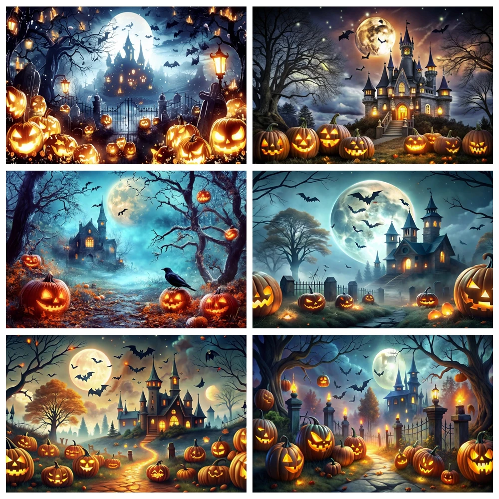 

Halloween Backdrop Horror Moon Night Scary Pumpkin Forest Castle Kids Halloween Party Decor Photography Background Photo Studio