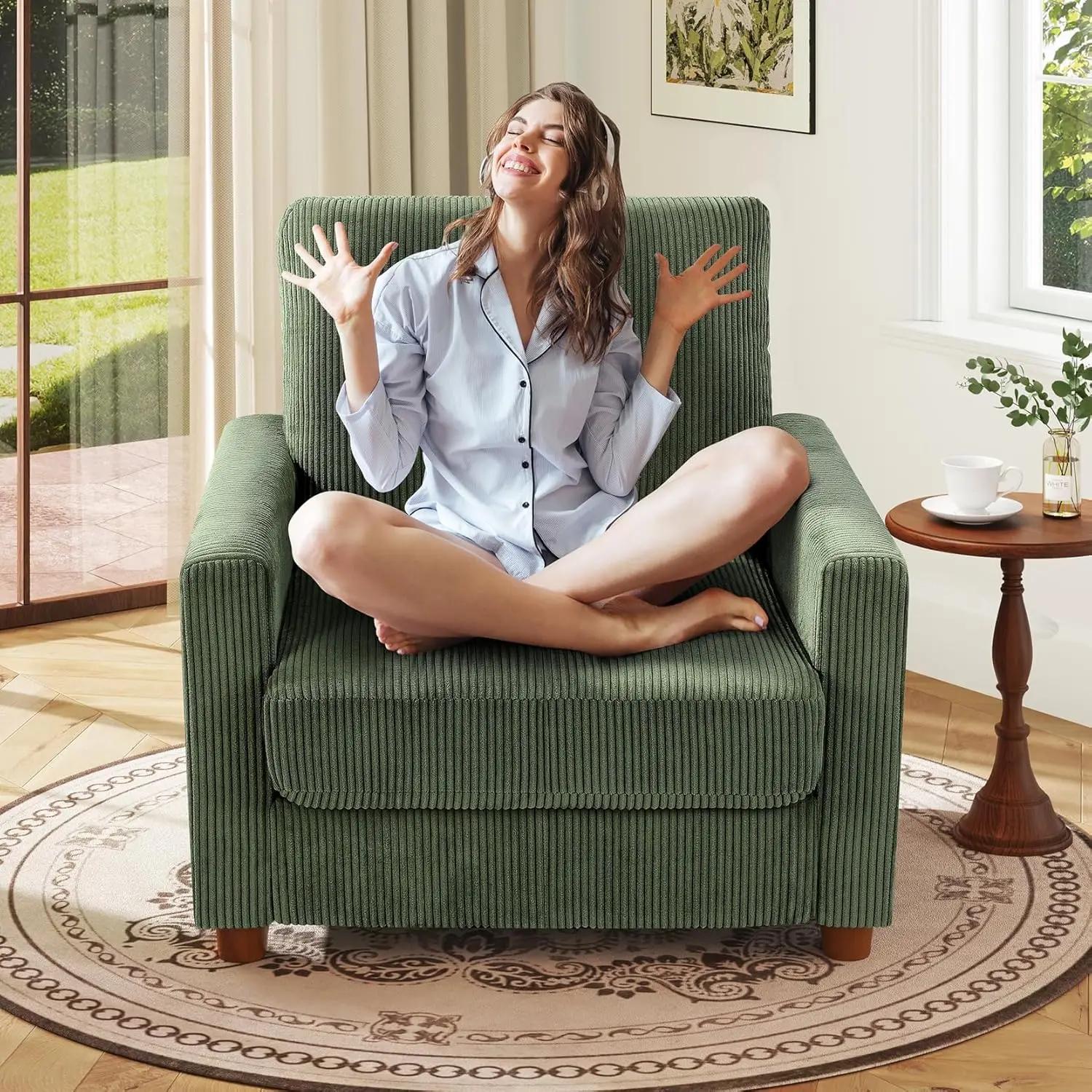 

Green Corduroy Accent Chair, 22.5in Deep Seat, Tool-Free Setup, Comfortable Armchair for Living Room, Bedroom, Office