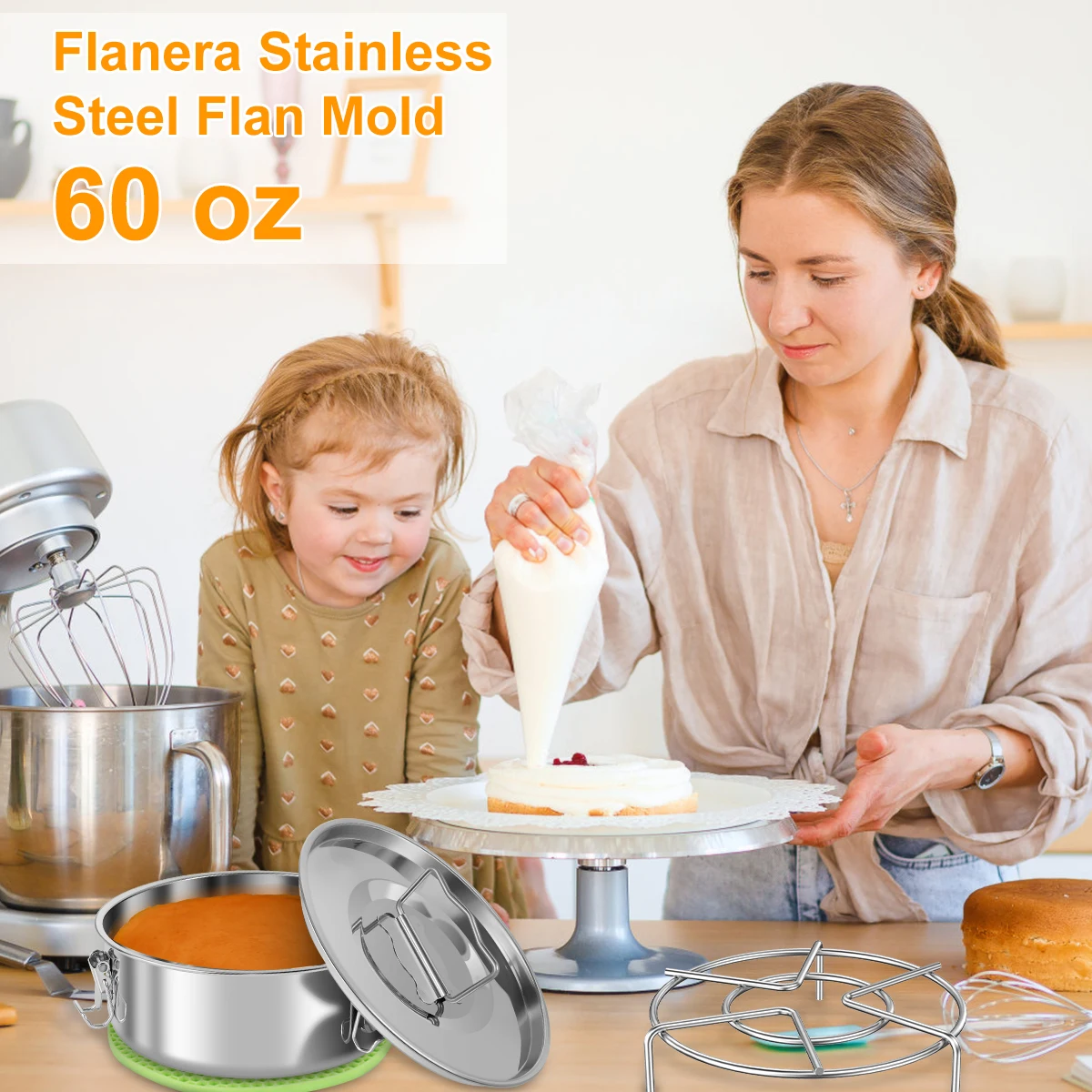 Stampo Flan in acciaio inossidabile con cremagliera a vapore e tappetino in Silicone 1.5QT Flan stampo da forno disco rotondo per Cheesecake forniture da cucina