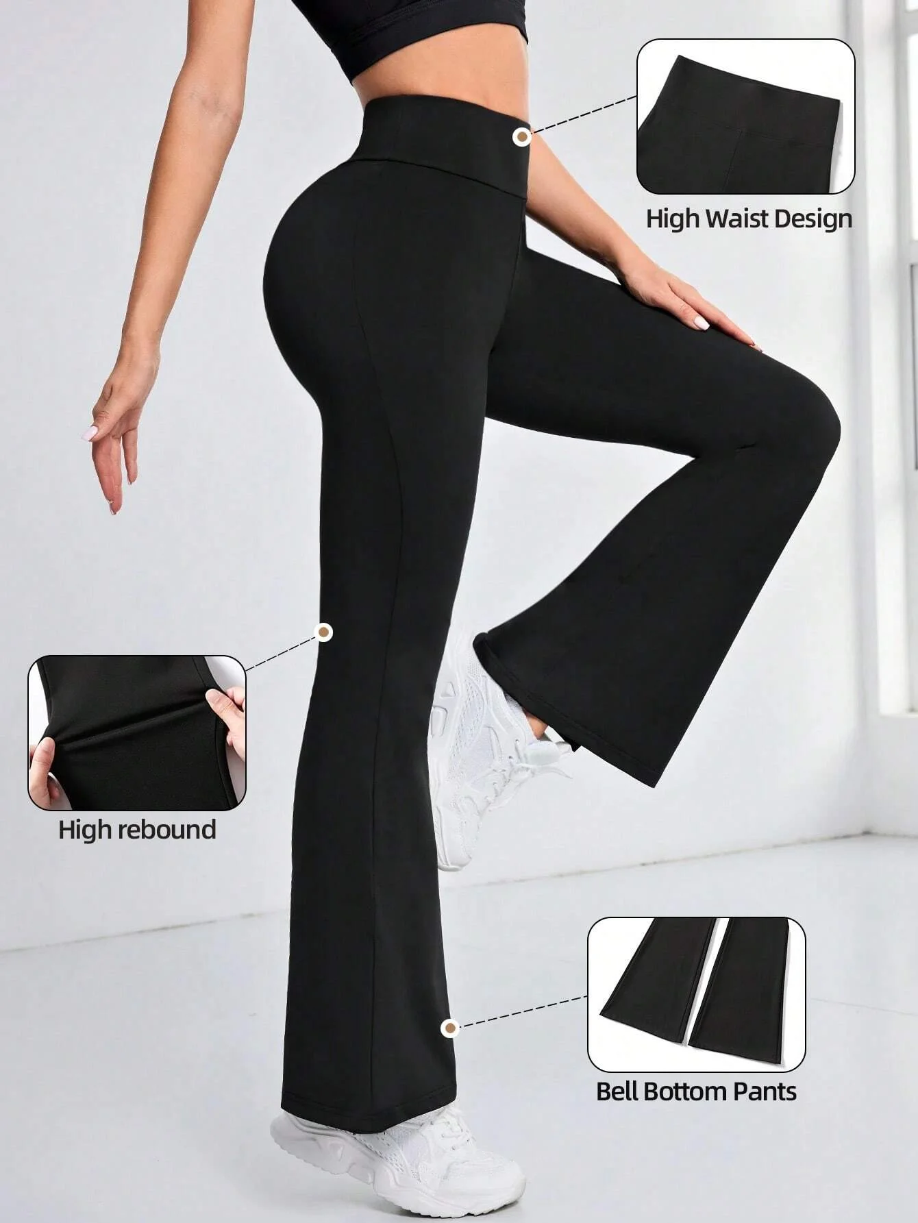 Black High Waist Flare Leggings waistband detail demonstrating silicone grip strip and roll-proof construction