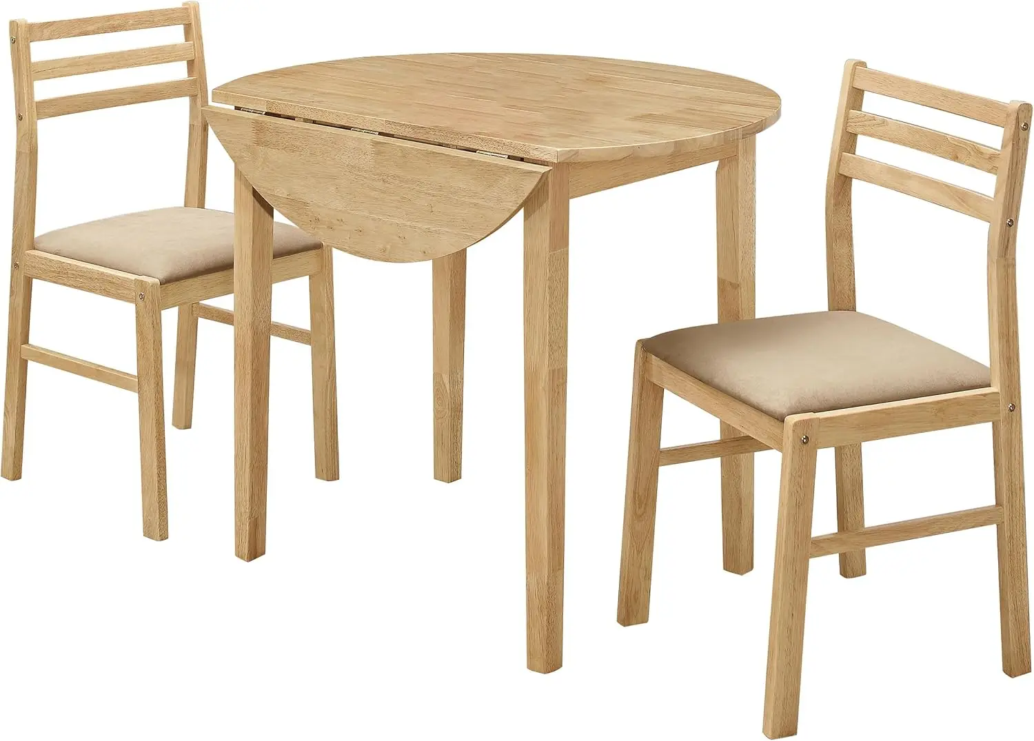 

Круглый деревянный обеденный набор из 3 предметов со столом в форме листа, стульями со спинкой-лестницами, бежевыми сиденьями с мягкой обивкой