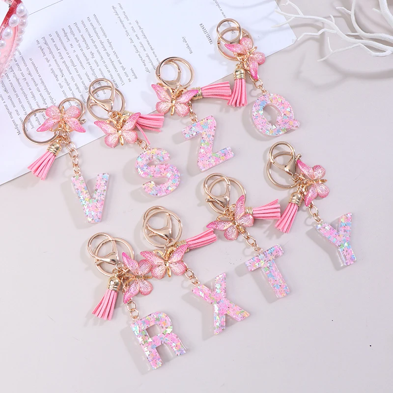 A-Z Dreamy Sequin Letters Keychain For Women Tassel Butterfly Pendant Initial Keyring Purse Suspension Bags Charms Car Key Chain