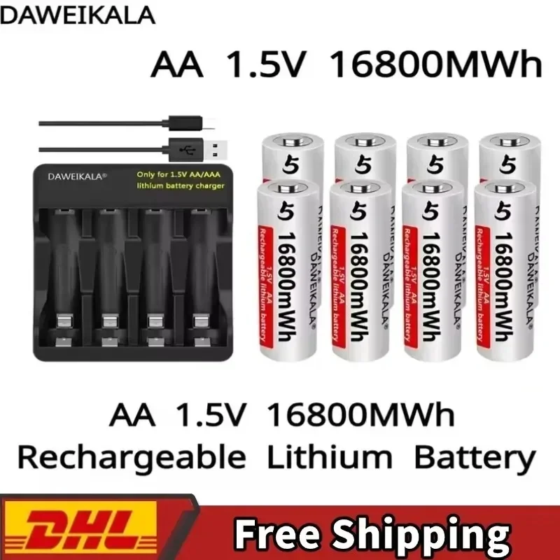 

1.5V AA Lithium Battery 16800mWh Rechargeable Batteries with Charger - for RC Toys/Mouse/Fan/Game Controllers, 1200 Cycles