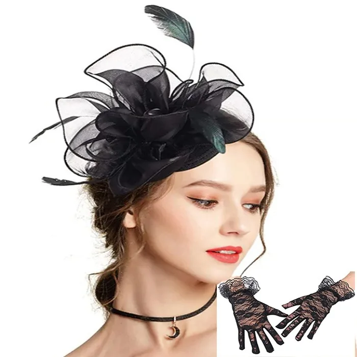 Wedding bride mesh headdress hat hair accessories European and American Jockey club feather headwear clip headband gloves 2 pcs