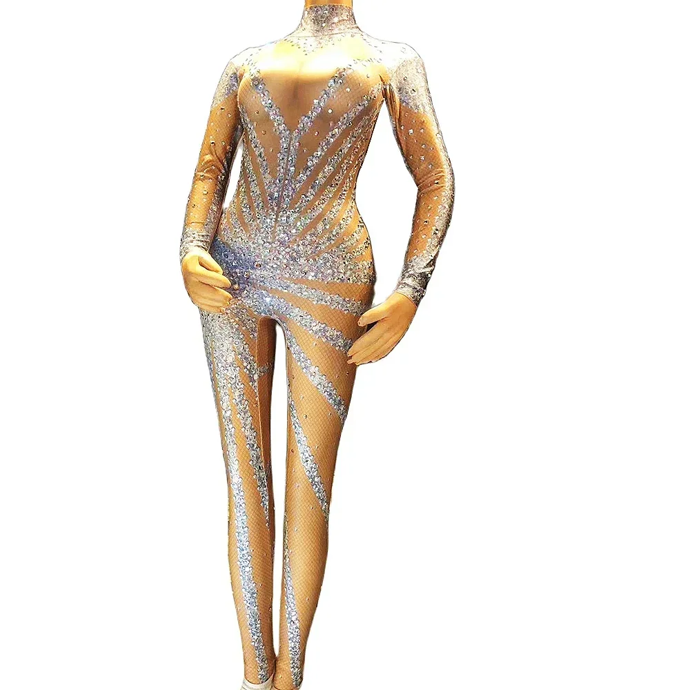 Mangas compridas brilhantes strass lantejoulas macacões para mulheres boate dj roupas sexy pólo dança cantor trajes de palco