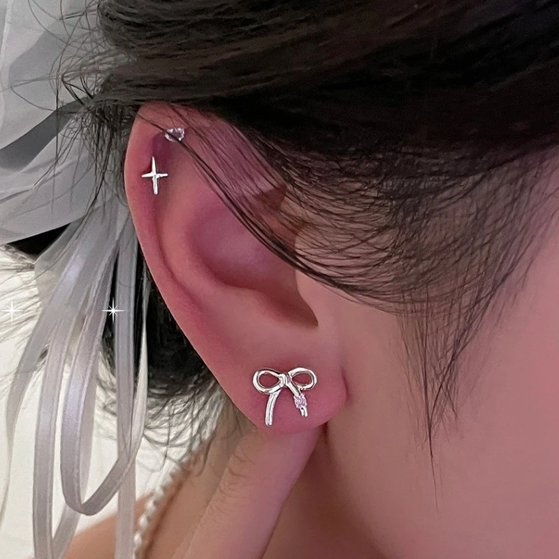 

925 Sterling Silver Charming Asymmetric Bow Square Zircon Stud Earring for Women Fine Jewelry High Luxury Vintage Accessories