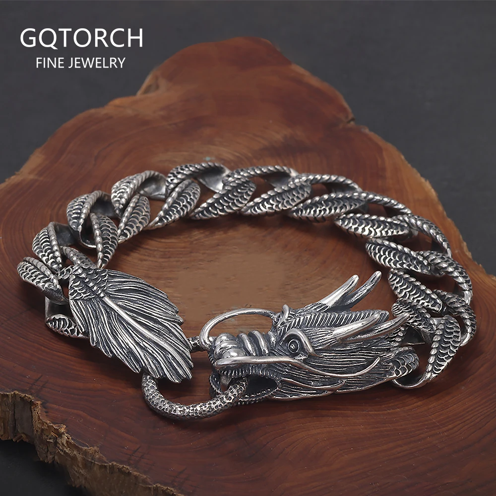 

Браслет-цепочка из стерлингового серебра 925 пробы с драконом для мужчин, кубинский браслет-цепочка, властный тяжелый вес, крутые байкерские украшения в стиле панк