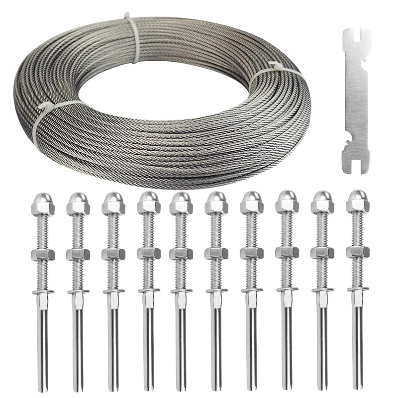 10Pcs 1/8 "Kit Hardware per ringhiera del cavo del terminale del raccordo dell'estremità della tensione del perno filettato a mano con fune metallica da 30 metri
