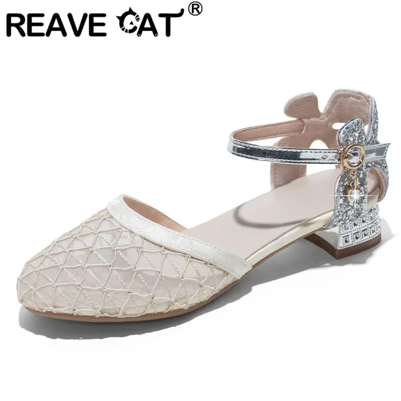REAVE CAT Women Summer Sandals Round Toe 4.5cm Block Heels Crystal Buckle Strap Mesh Plus Size 41 42 43