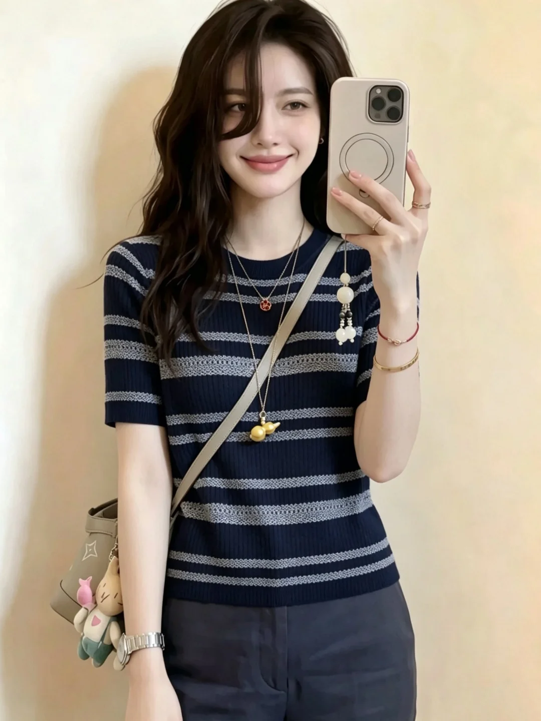 

Retro Beautiful Color Block Stripe round Neck Knitted Short Sleeve T-Shirt Women Summer 2026 New High-End Feeling Top