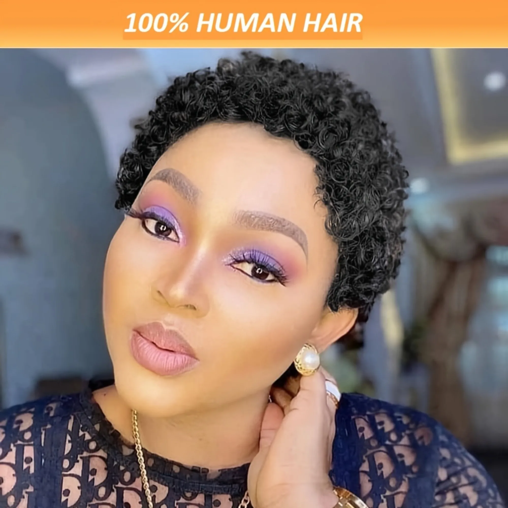 

Элегантный афро-кудрявый парик из натуральных волос для женщин — плотность 150%, короткая глубокая волна, стрижка пикси, полностью машинное производство