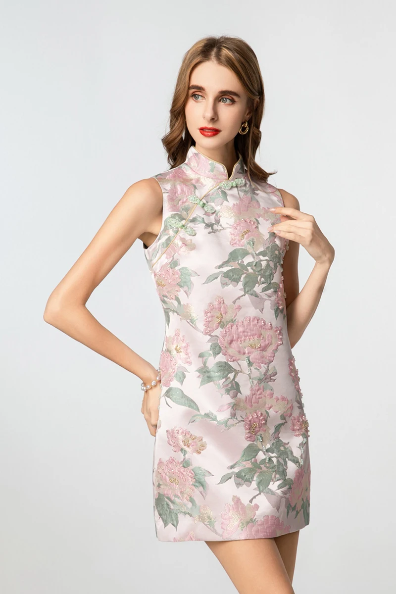 MIUXIMAO 2025 Chinese Koninklijke Luxe Jacquard Zomerjurken Roze 3D Rose Jurk A-LIJN Korte Diamanten Jurk Vrouwen Vestides