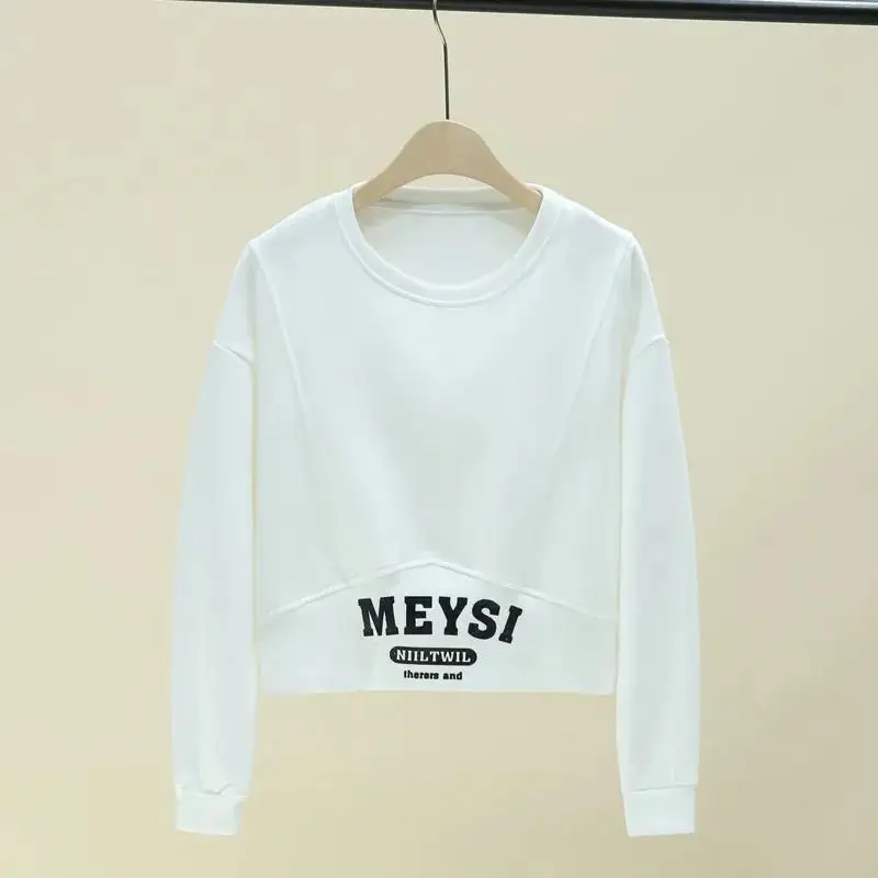 Autumn Solid Color Printing Letter Sweatshirts Women New Long Sleeve O-collar T-shirt Patchwork Screw Thread Short All-match Top