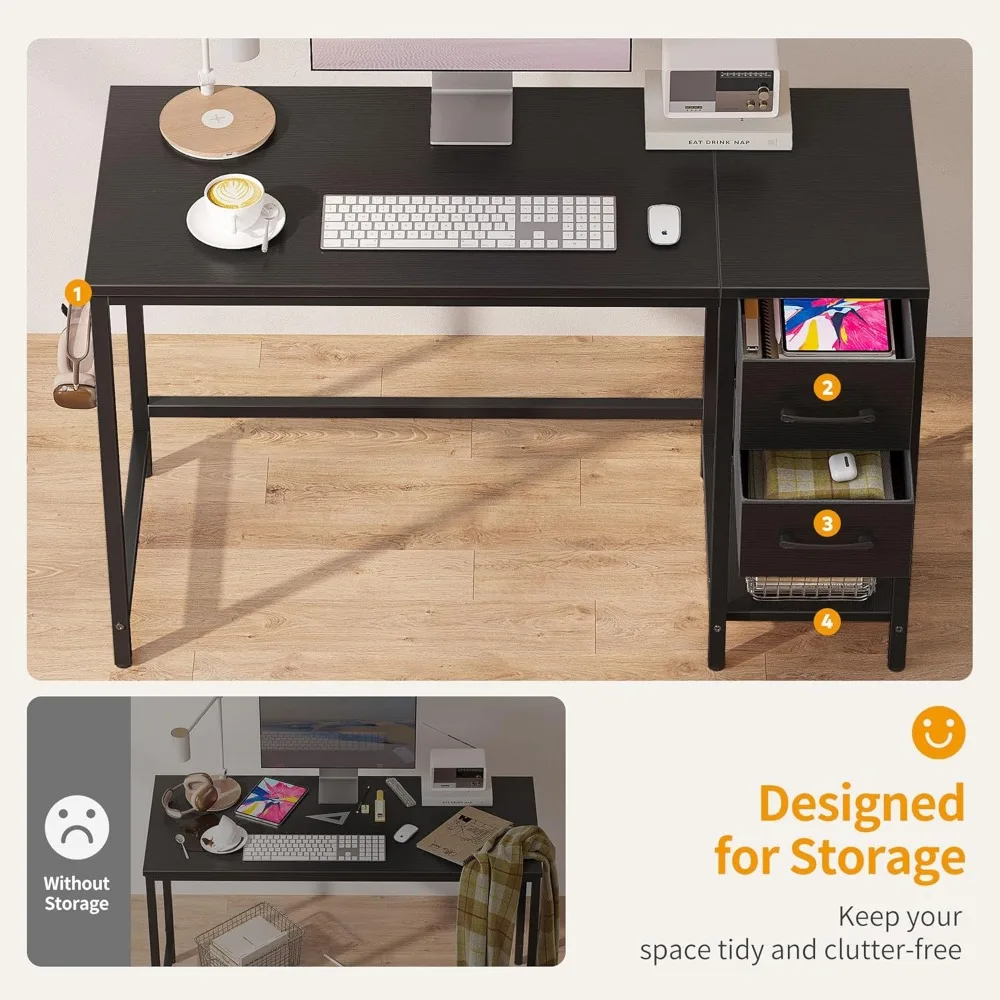 Compact 47 Home Office Desk with Two Drawers for Storage and Studying in Modern Black