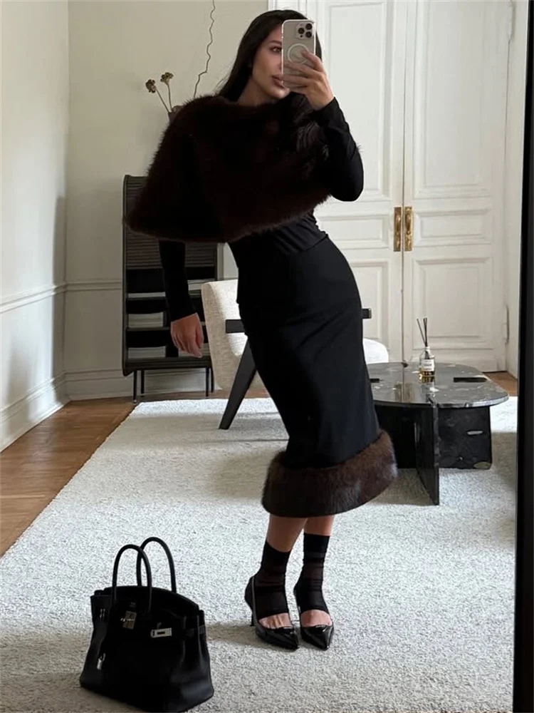 Tossy Elegant Female Fur Feather Maxi Skirt Outfits Luxury Loose Patchwork Fashion Cover up Top And Long Skirt Women's Sets New