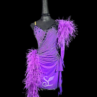 SYL purple girls kids sleeveless feather boas sew-on stone latin ballroom dresses dancesport dress competition