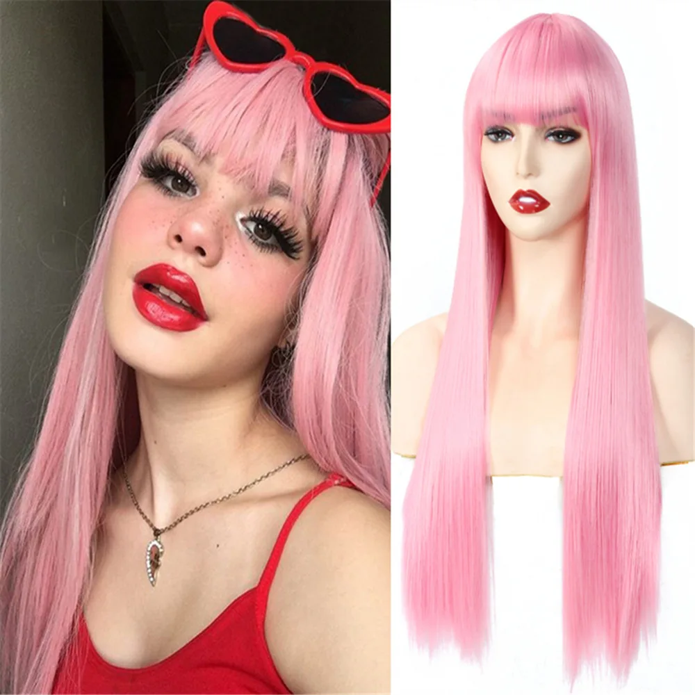 

Pink synthetic wig with straight long hair - Halloween party cosplay hair accessory - everyday wig - high-temperature hair band