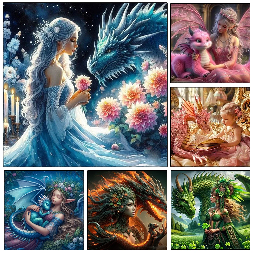 

New Diamond Painting Kit Cross Embroidery Girl and Dragon 5D DIY Diamond Mosaic Embroidery Elf Picture Home Decoration