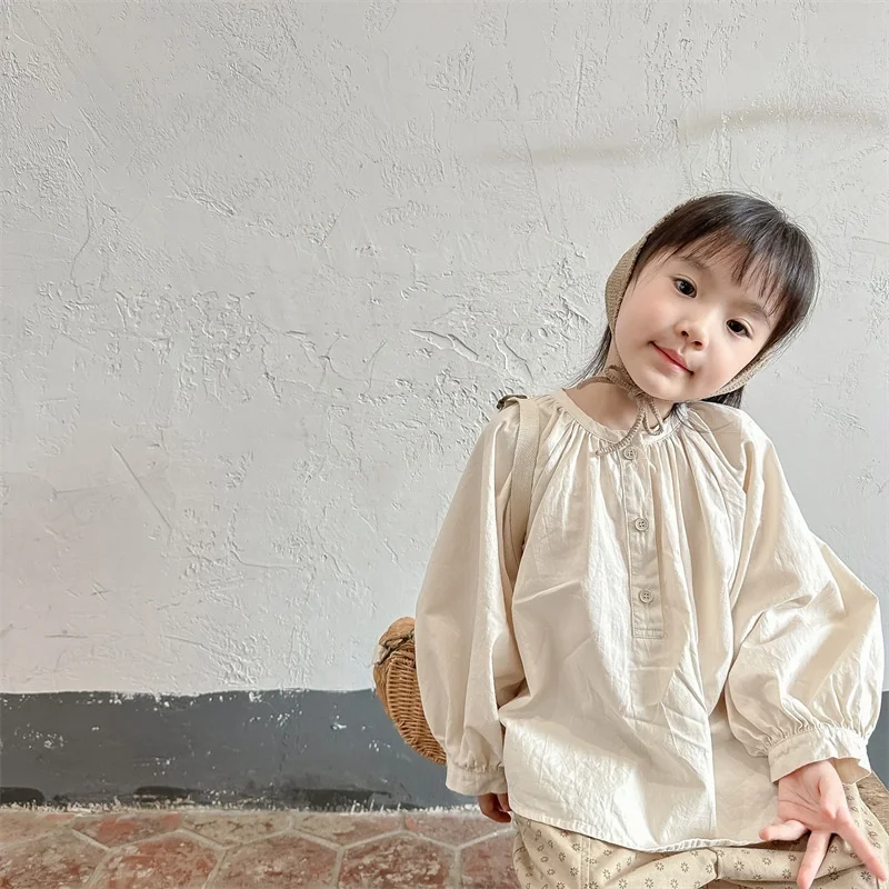 

Girl 2026 Spring Korean Style Baby Girls Bat Sleeve Loose Shirts Solid Color Tops Casual Cotton Children Blouses 1-7T