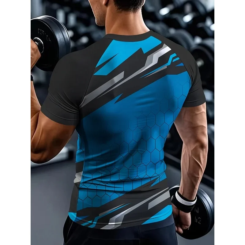 Men's Quick Dry Sports Tshirt Hexagonal Mesh Blue Geometric Print Raglan Sleeve Breathable Fitness Workout Top