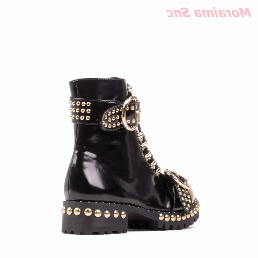 Round Toe Women Cool Boots Genuine Leather Belt Buckle Punk Mid-Calf Fashion Novelty Rivet Square Heel Comfortable Hot Sale