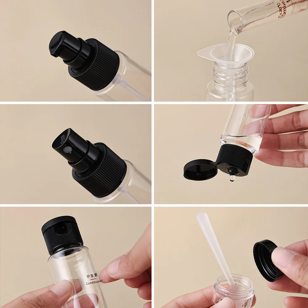 6/8 Pcs 50ml Travel Bottle Set Black/White Refillable Toiletry Kit with Spray Lotion Mini Jars Funnel Dropper Carry Case