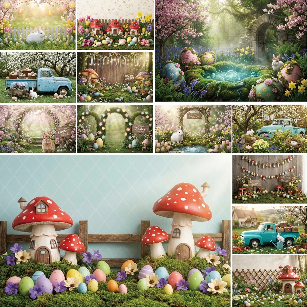 

MOON.QG Easter Decoration Background Photography Bunny Mushroom Arch Fence Backdrop Child Photozone Portrait Photocall Shooting