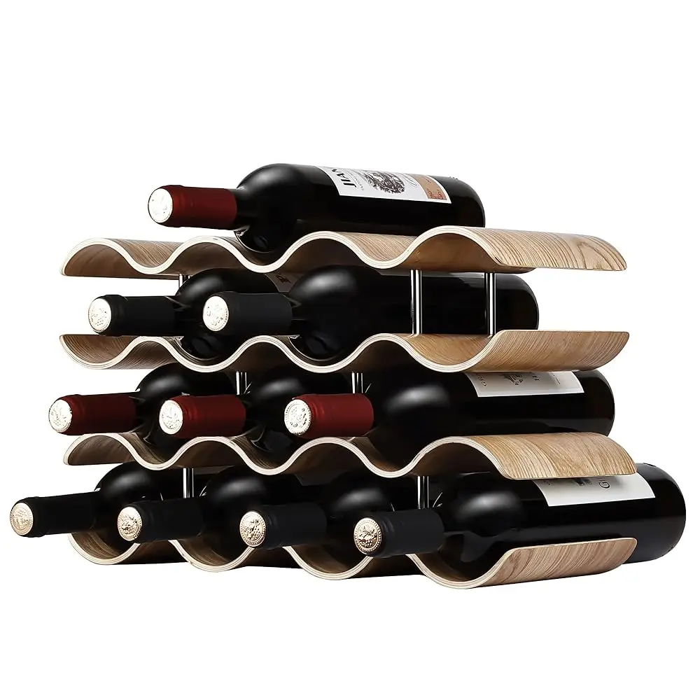 

Countertop Wine Ra - 14 Bottle Freestanding Wine Bottle Holder Stand - 4 Tier Wooden Wine Storage Ra - Wavy Wine Organizer For