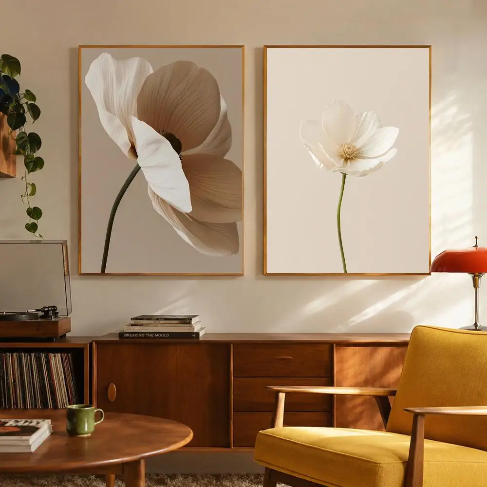 Serene W-White Elegant Flowers Poster Digital Solvent Print Waterproof PP Fade-Resistant Wall Art Room Decor Gift
