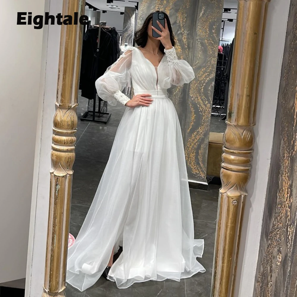 

Eightale Vintage Wedding Dresses V-Neck Appliques A-Line Long Puffy Sleeves Tulle White Ivory Bridal Gowns Vestido De Novia