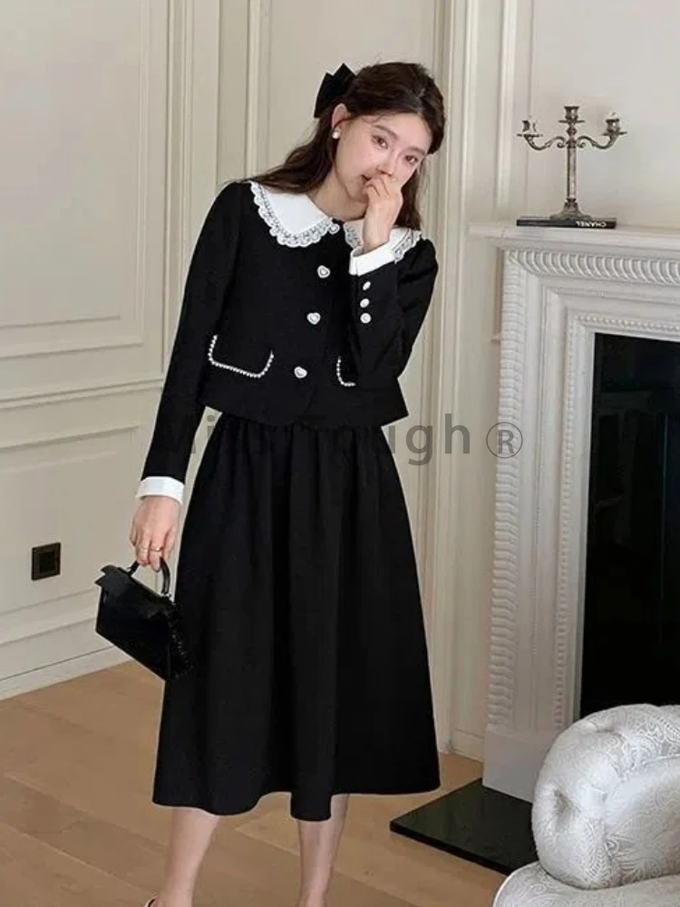 Lace French Vintage Two Piece Set Women Button Korean Fashion Mini Skirts Suit Female Peter Pan Collar Coat + Designe Skirt 2023