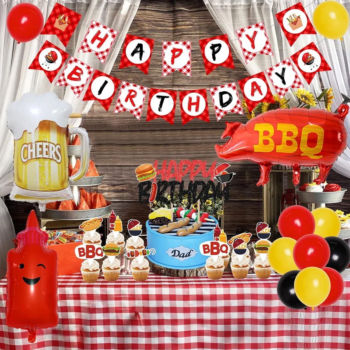 Imagem -03 - Bbq Birthday Party Decorações Churrasco Temático Feliz Aniversário Banner Toalha de Mesa Pig Sauce Balões para Piquenique Partido Suprimentos