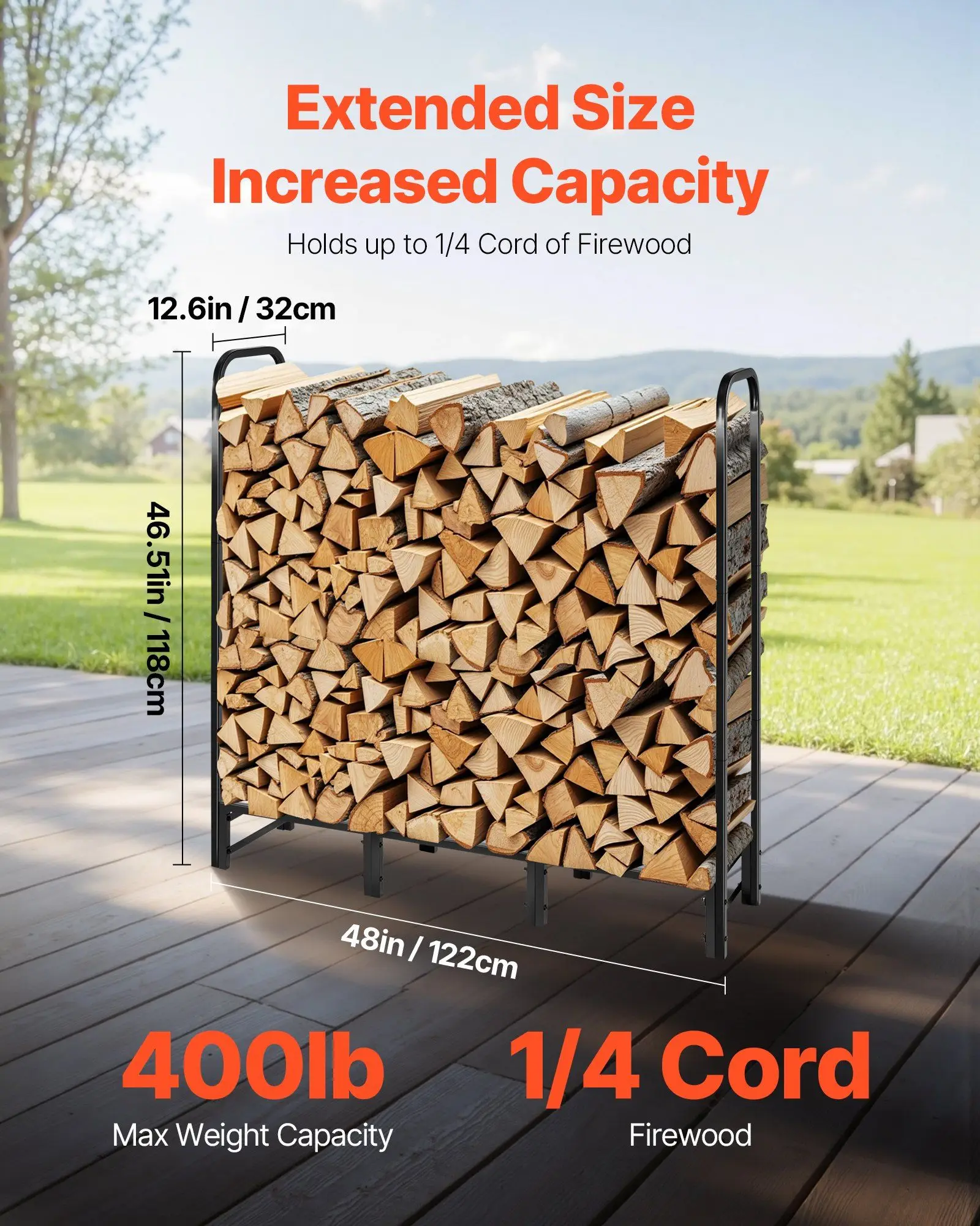 4 FT Outdoor Firewood Rack with Waterproof Cover 1/4 Cord Wood Storage Metal Log Holder 400LB Heavy Duty Firewood Holder
