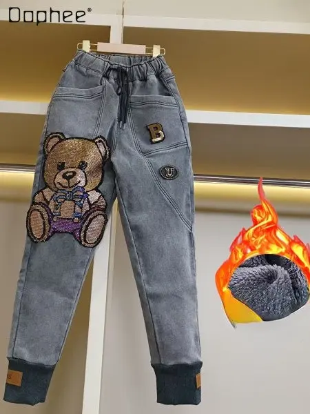 

Winter Fleece-Lined Diamond Cartoon Bear Jeans for Women High Waist Korean Style Harem Slimming Elastic Waist Skinny Trousers