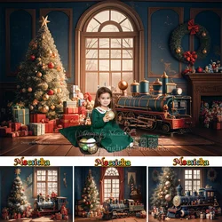 Christmas Photography Background Retro Blue Train Gift House Xmas Tree Window Backdrop Wooden Floor Decor Kid Family PhotoStudio