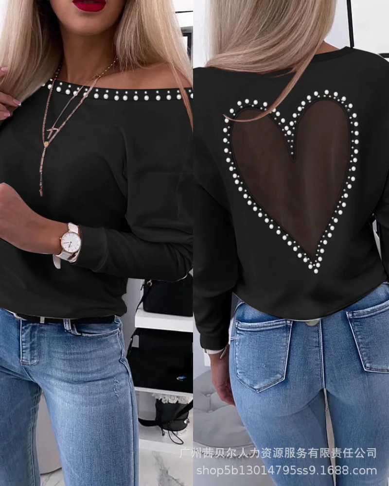 Dames Zomer Lente Hartpatroon Sheer Mesh Ronde Hals Lange Mouw Kralen Sheer Mesh Tee Casual Top