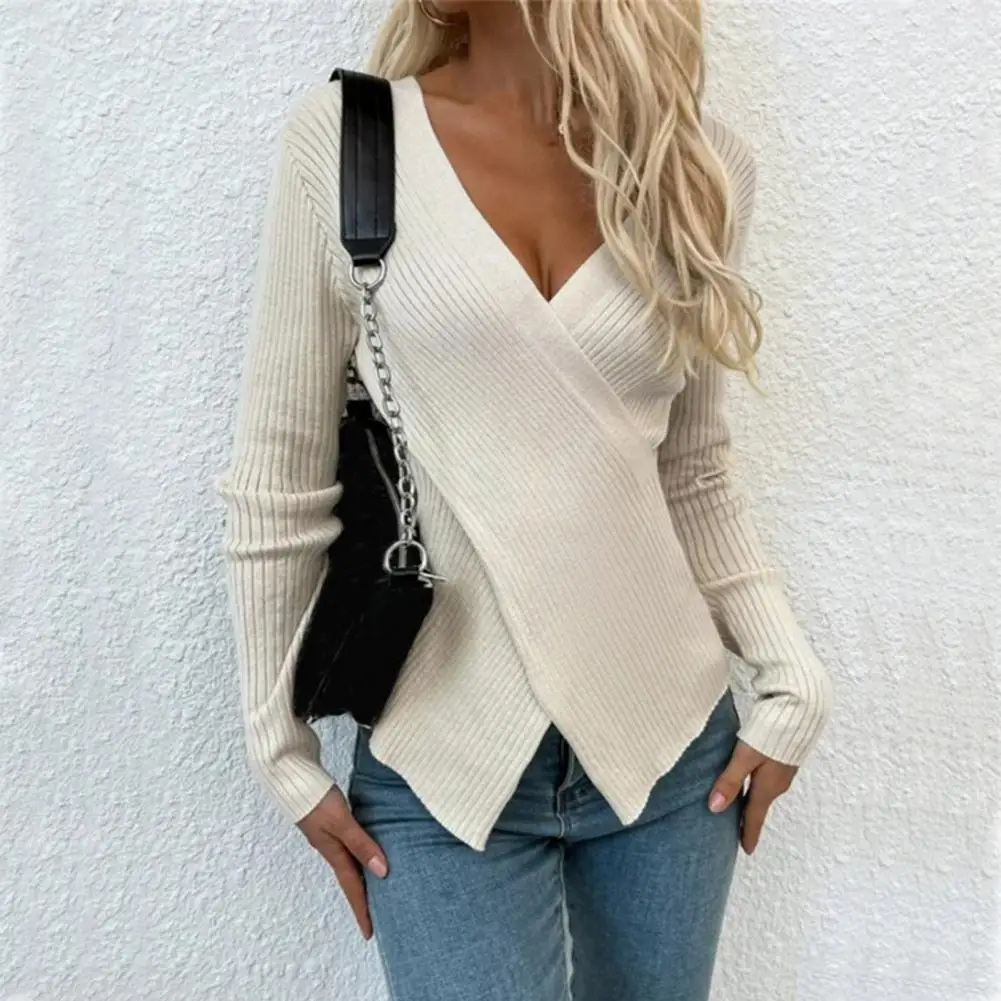 

Women Sweater Solid Color Deep V Neck Split Long Sleeves Pullover Warm Knitting Elastic OL Style Spring Top Female Clothes 니트