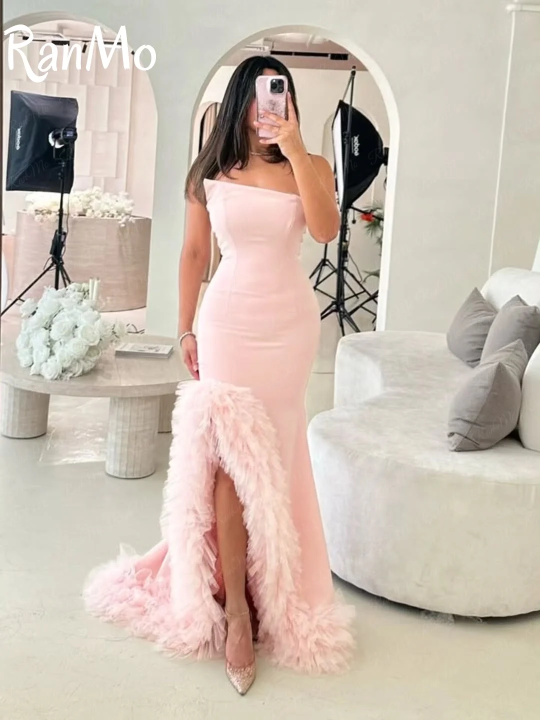 Ranmo 2025 платья для выпускного вечера без рукавов длиной до пола, розовый тюль, вечерние платья по индивидуальному заказу, бальное платье, Саудовская Аравия, платья de noiva