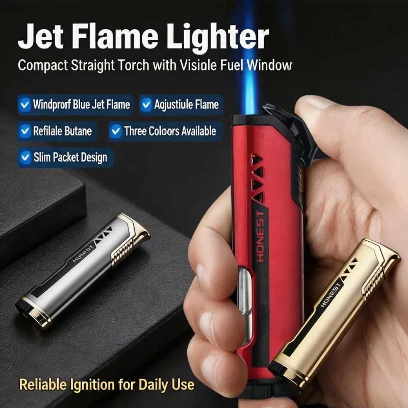 HONEST Premium Slim Turbo Jet Cigar Lighter - Windproof Blue Flame Visible Gas Window, Ergonomic Smoking Gift for Men