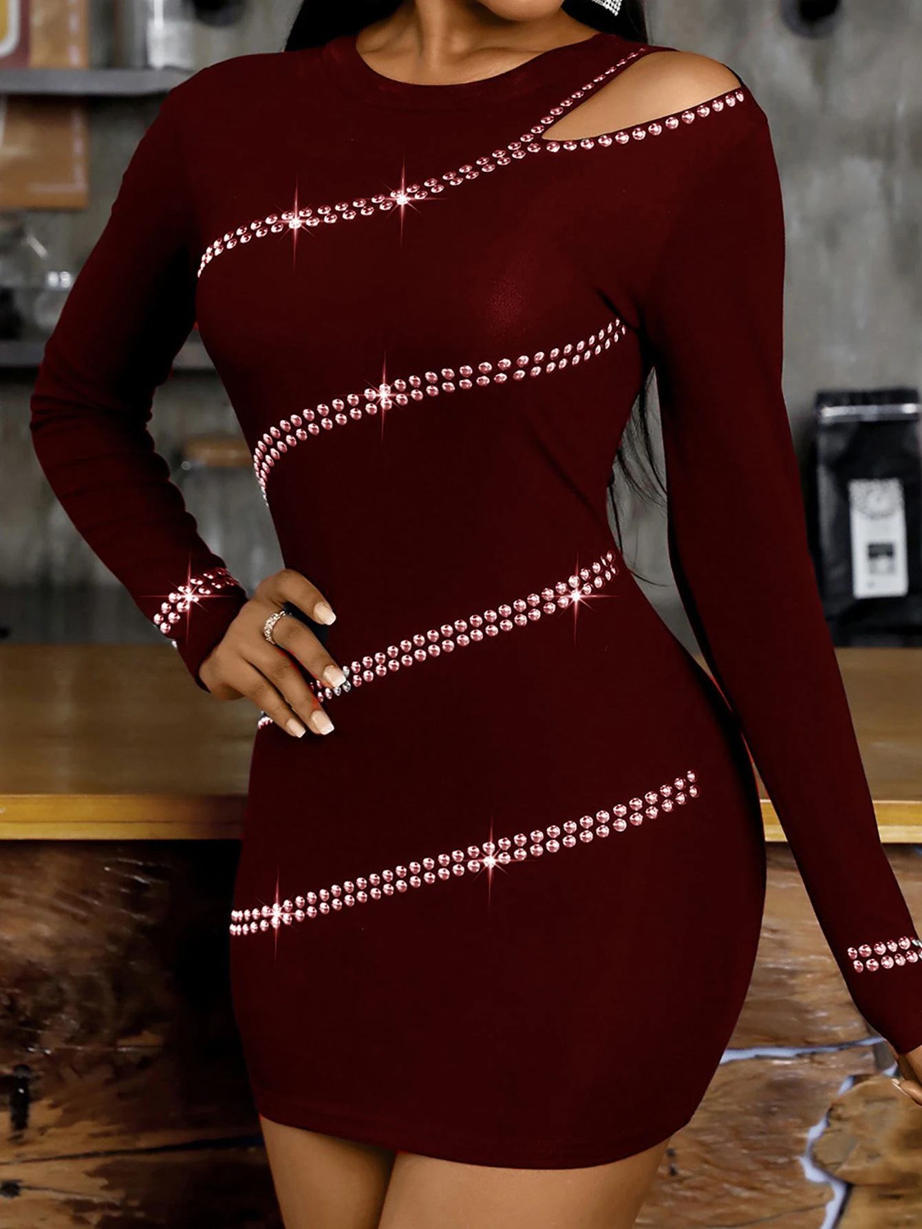 Women's Elegant Long Sleeve Crew Neck Diamond Cut-Out Slim Dress Autumn Fashion Plain Dress