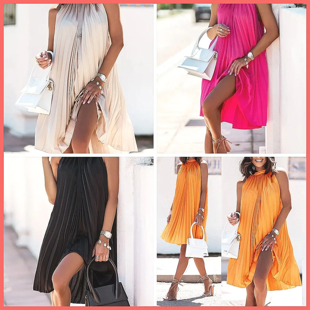 

Pleated A-Line Summer Dress for Women, Strapless Sleeveless Casual Beach Party Dress, Loose Fit