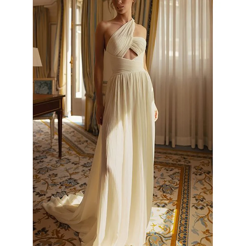 

White Chiffon Sweeo Train One Shoulder A-Line Evening Dresses Elegant Prom Gowns Pretty Formal Banquet Dress