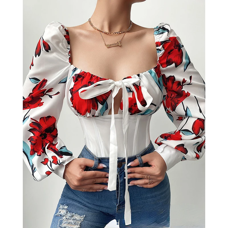 

Red Floral Elegant Stain Shirt Spring Summer Fashion Blouse 2023 Square Collar Bow Lace Elegant Shirt for Female Casual Clothing