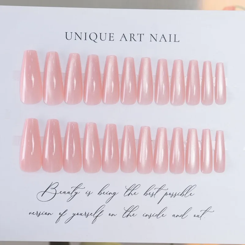 24 Pcs Cat Eye Winter Press on Nails for Gluing Long Korea False Nail for Girls Cheap Coffin Stick-on Fake Nails Set with Glue
