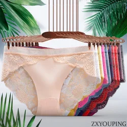 Hot Sale Seamless Mid-waist Ice Silk Underwear for Women, Large Size, Sexy, Transparent Lace, Breathable, Pure Cotton Crotch, Hi