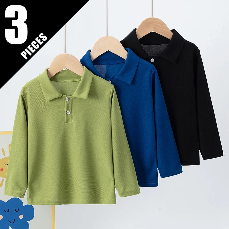 3-Piece Set Of Children's Long Sleeved Lapel Shirt Paired With Solid Color Top For Both Boys/Girls Fashionable And Comfortable