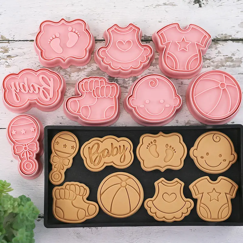 8 Pcs/Set Baby Theme Biscuit Mould Cookie Cutter 3D Cartoon Biscuits Mold Plastic Baking Cookie Stamp Cookie Decorating Tools