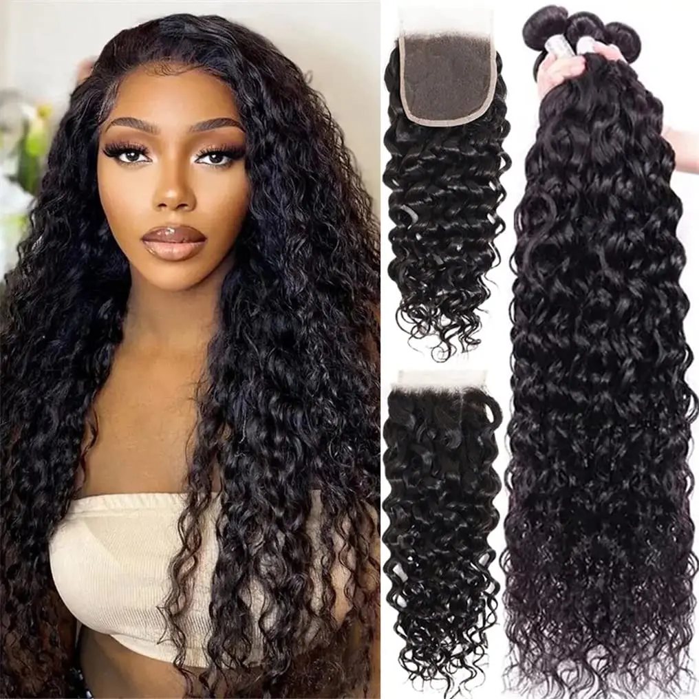 

Water Wave Bundles With Closure Brazilian Remy Human Hair Bundles With 4x4 Lace Frontal Closure Curly Wave Human Hair Extensions